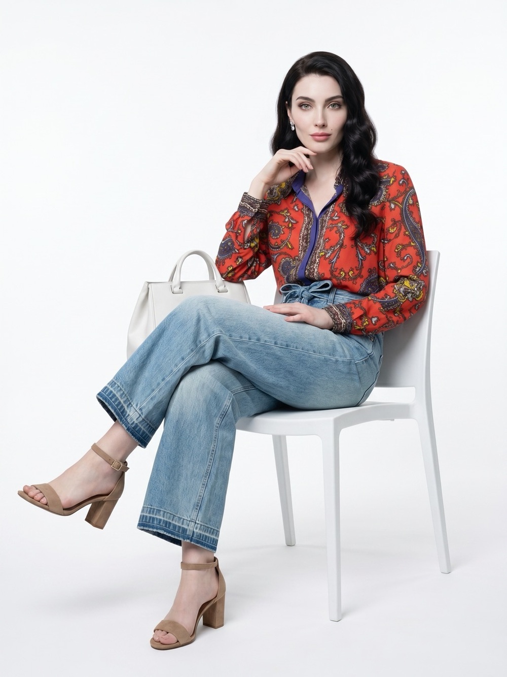 Nicole Red Paisley boho Button-Down with Yellow & Purple Accents